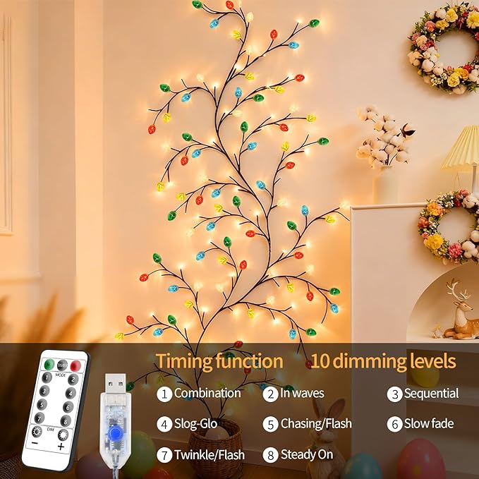 FNHMSL Easter Egg Enchanted Willow Vine Lights, 7.55FT 144LED 4 Color Easter Egg Tree Branch Lights for Wall, Remote Timer,8 Light Model,Bedroom Wall Doors Wedding, Christmas, USB Battery Box