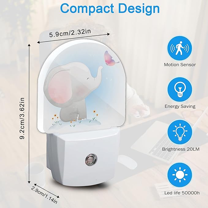 Cute Little Elephant Play Butterfly Dusk to Dawn Night Light Auto Sensor Lamp Home Indoor Stairway Kitchen Corridor Night Lights Plug Into Wall Décor Boys Girls Women Men Room Gifts