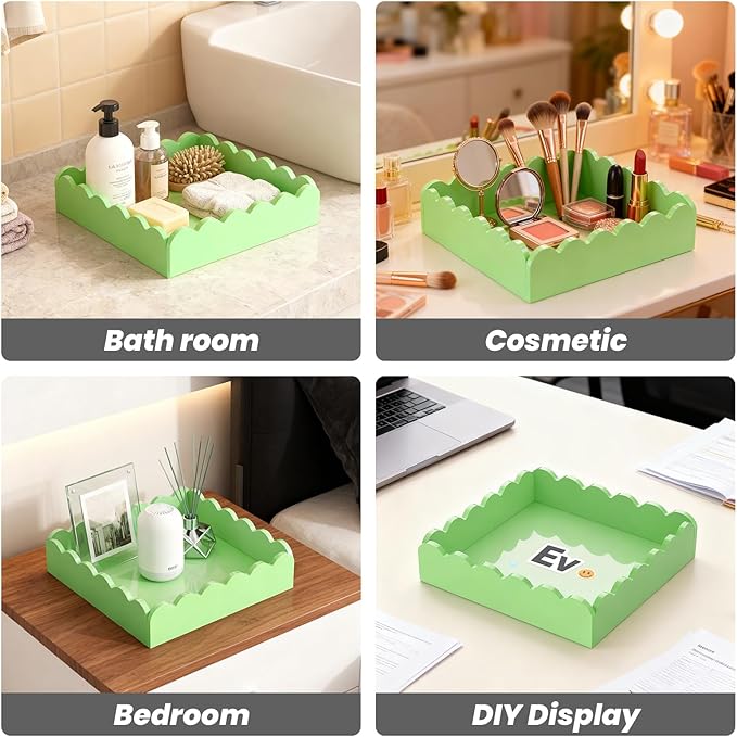 Scalloped Acrylic Tray, 8x8 Inch Glossy Green Acrylic Decorative Tray for Home Decor, Acrylic Organized Tray for Bathroom Vanity Countertop Square Display Tray for Perfume (Square Green)