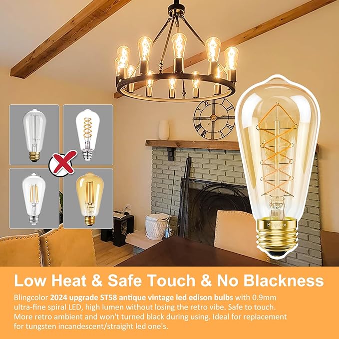 Dimmable E26 LED Edison Bulbs 60 Watt Equivalent, 6W LED Vintage Edison Amber Warm Light Bulbs 2200K, 4 Pack ST58 Antique Decorative Light Bulbs for Farmhouse, Industrial, Modern Light fixtures, CRI90