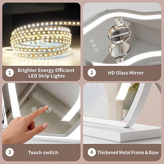 Makeup Mirror with Lights - 17″ Cloud Shaped Smart Touch 3-Color Dimmable 360° Rotation Memory Metal Frame Plug-in AC Power Tabletop Vanity Mirror Gift for Women Teen Girls White