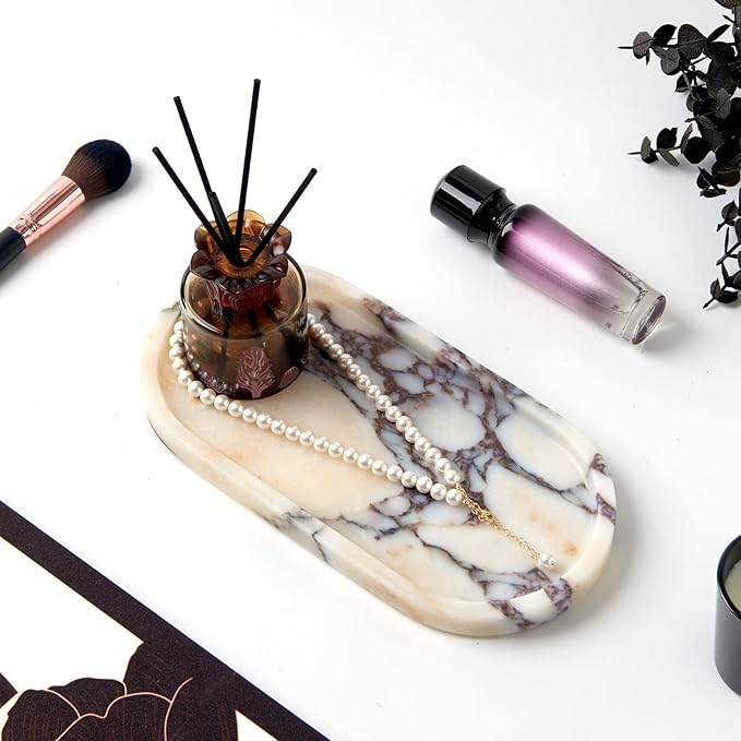 Luxury Natural Oval Marble Tray – 9.8 x 4.9-Inch Calacatta Viola Stone Vanity Tray, Small Catchall Organizer for Jewelry Perfume Keys, Decorative Trinket Tray for Bathroom Coffee Table & Dresser