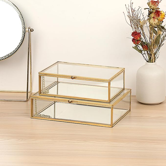Glass Jewelry Box with Lid Golden Vintage Box with Mirror Base Decorative Case for Ring Earring Makeup Jewelry Display Organizer for Dresser, 7.3 x 5.3 x 2 Inch