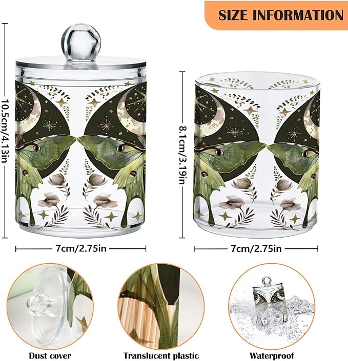 4 Pack Qtip Holder Dispenser Luna Moth Moon Cotton Ball Swab Round Pads Floss Clear Bathroom Storage Containers Plastic Apothecary Jars with Lids