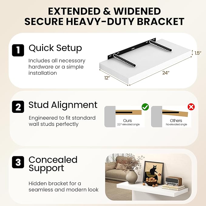 Fun Memories 66 Inch Floating Shelves, 12 Inch Deep Wall Shelf for Fireplace Mantel, White Deep Storage Shelves for Home & Office, Long Floating Shelf with Invisible Bracket, Set of 2
