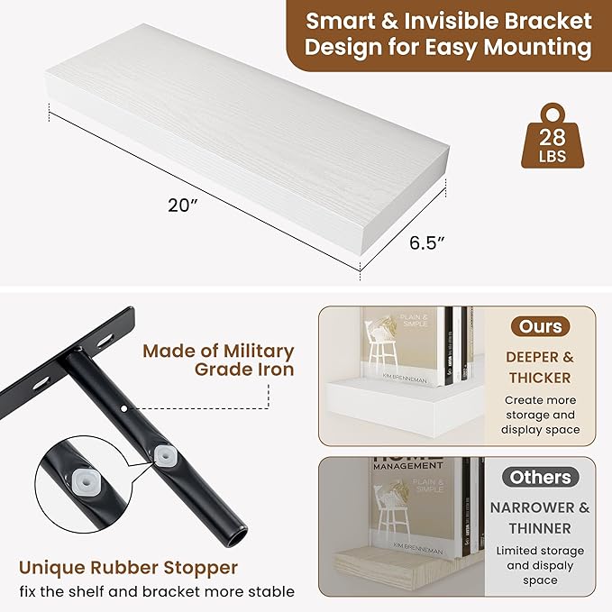 fuqing Floating Shelves for Wall, Wall Mounted Wood Floating Shelf with Invisible Brackets for Living Room, Bathroom, Bedroom, Kitchen Storage and Decor, 20 Inch Set of 2, White