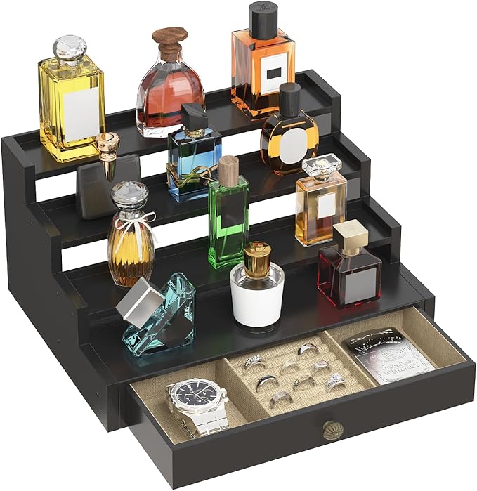 MODOWEY Perfume Organizer Cologne Holder Stand for Men, Wooden Wide-Spaced Shelf with Drawer, 4 Tier Large Capacity Storage Rack for Dresser Countertop, for a Neat, Accessible Fragrance Display, Black