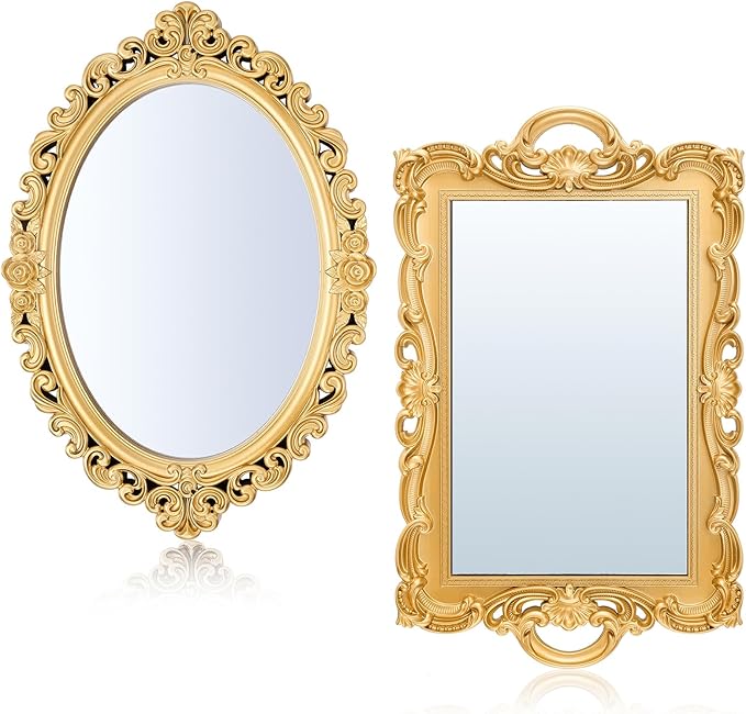 Beeveer 2 Style Vintage Mirrors Set Decorative Oval Wall Mirror Small Antique Mirrored Tray Decorative Hanging Mirror for Bathroom Bedroom Jewelry Organizer Victorian Decor (Square,Gold)