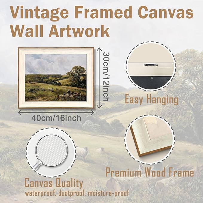ASTRDECOR Framed Vintage Wall Decor, Vintage Green Nature Canvas Wall Art Prints Bedroom, Sheep Shepherd Landscape Oil Painting Mountain Wall Art Living Room, Rustic Farmhouse Decor for Dining Room -12''x16''