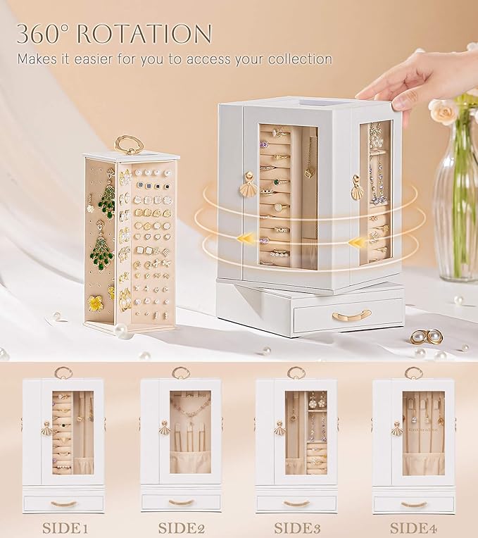 Enthralite Jewelry Box Large for Dresser: Women Necklace Ring Storage Organizer with Compartments - Elegant Earring Holder Display - 360° Rotating Jewelry Organizer with Glass Door