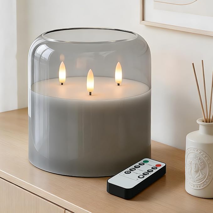 3 Wick Glass Flameless Candle with Remote and Timer, 6"x6" Extra Large Real Wax LED Pillar Candle Battery Operated with 3D Flickering Flame for Festival Wedding Home Party Decor (Gray)