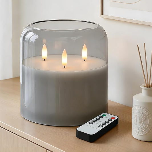 3 Wick Glass Flameless Candle with Remote and Timer, 6"x6" Extra Large Real Wax LED Pillar Candle Battery Operated with 3D Flickering Flame for Festival Wedding Home Party Decor (Gray)