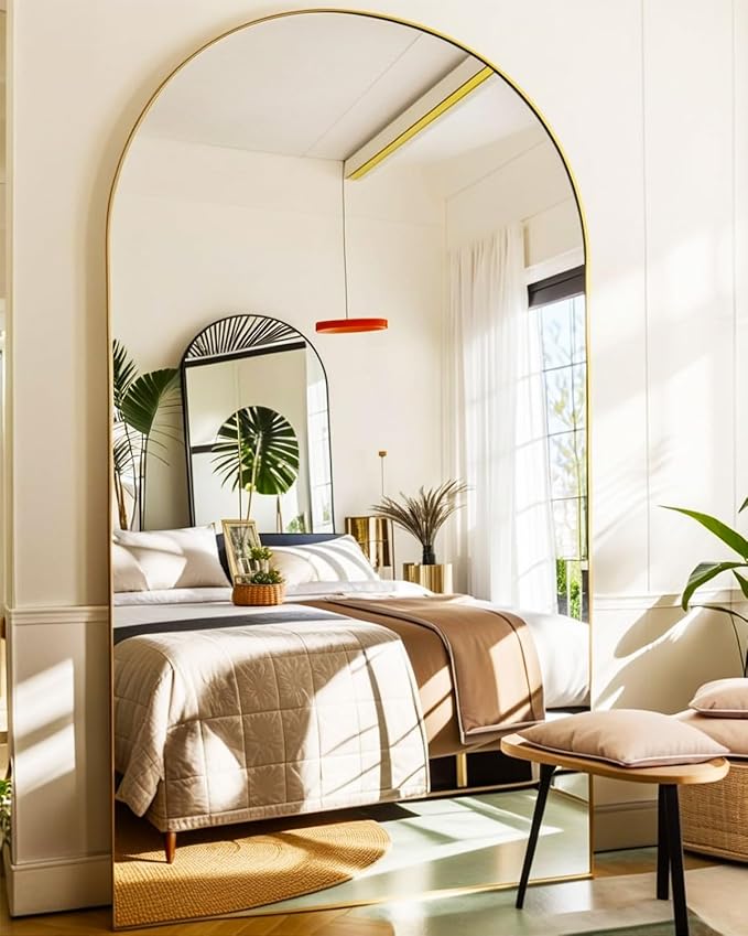 KOMCOTE 77x38 Inch Extra Large Arched Floor Mirror - Giant Gold Freestanding Mirror for Bedroom, Living Room, Dressing Room - Oversized Elegant Leaner Full Length Mirror for Home Decor