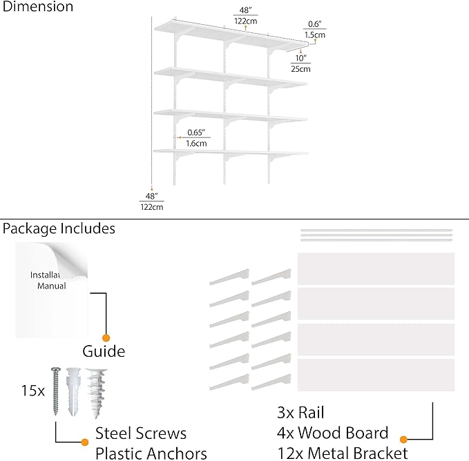 Wallniture Turin 48"x10" Floating Shelves for Wall Storage, Closet Storage Shelves, Book Shelf with Adjustable Standard Rail Bracket System for Pantry & Laundry, White, Wood