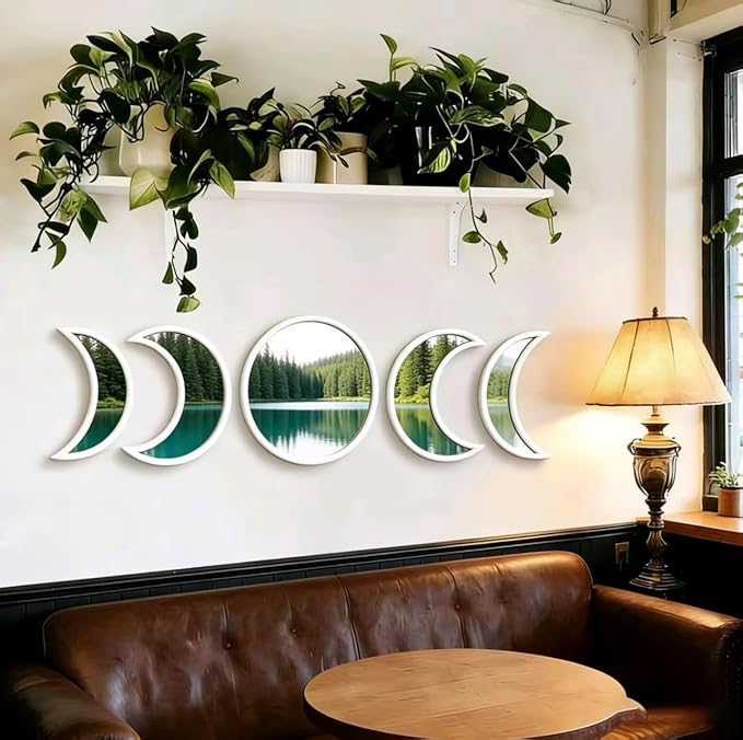 5-piece Set of Moon Phase Mirror Decorations in Nordic Style, Acrylic Mirror paired with Wooden Combination, Bohemian Style Living Room Bedroom Home Decoration, White (White)