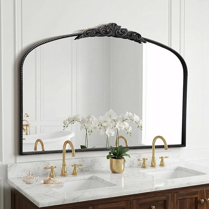 Micasso Large Vintage Black Mirror: 48"x 33" French Baroque Antique Mirror - Traditional Ornate Decorative Wall Mounted Arched Mirrors for Wall/Fireplace/Entryway/Hallway - Home Decor for Living Room