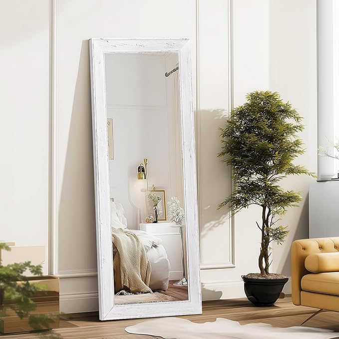 Full Length Mirror 58"x22" - Beveled Edge Rustic White Dressing Mirror, Solid Wood Frame, Wall Mounted or Leaning for Bedroom, Entryway, Living Room