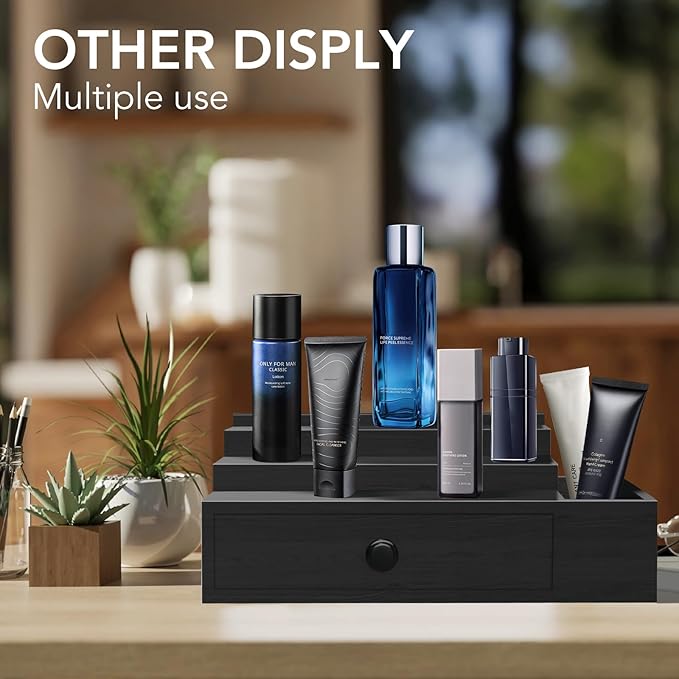 Cologne Stand Organizer for Men, 3 Tier Cologne Display Shelf with Velvet Lining Drawer and Compartments for Watch, Jewelry, Perfume Display Risers for Cologne, Great Gift for Father
