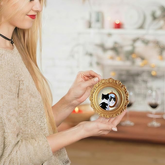 Small Funny Cat Mirror Round Picture Frame Wall Decor, Black White Cat Gold Mini Ornate Photo Frame for TableTop Desk 2.7in Photo, Whimsical Vintage Framed Artwork for Walls Office Bedroom