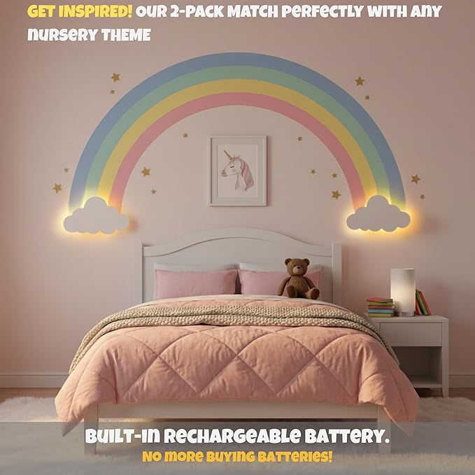 KALEOLI Cloud Wall Lights 2 Pack for Nursery – Dimmable & Rechargeable Night Lights for Baby Room Decor (Star Decals Included)