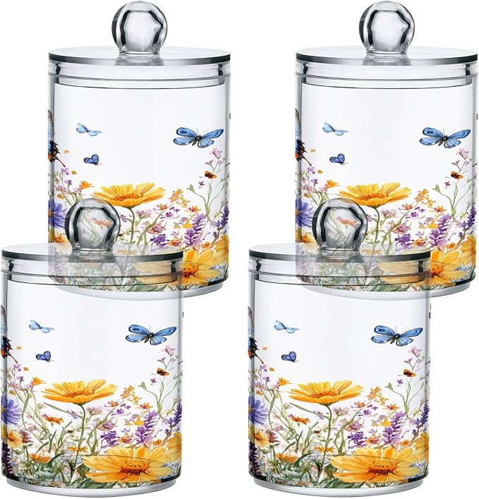 Nander 2Pack Beautiful Spring Wildflowers and Butterflies Qtip Holder Dispenser -Clear Plastic Apothecary Jars Set - Restroom Bathroom Makeup Organizers Containers for Cotton Swab, Ball, Pads, Floss