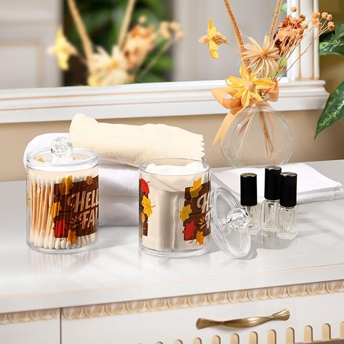 2 Pack Apothecary Jars Dark Brown Hello Fall Bathroom Vanity Storage Organizer Set,Small Clear Plastic Storage Jars Bathroom Canister for Cotton Swabs, Rounds, Balls, Qtips,Makeup Sponges, Flos
