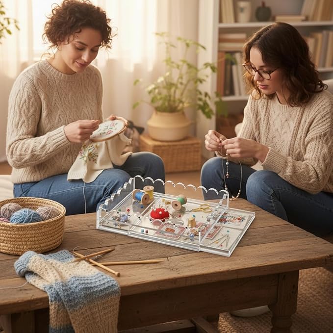 Scalloped Acrylic Tray for Needlepoint, 10" x 12" Clear Acrylic Display Tray with Slide Out Drawer for Insert Photos, Art, Fabric, Acrylic Organizer Decorative Tray for Home Decor