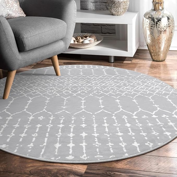 Lahome Moroccan Round Washable Rug 3Ft Small Circle Soft Non-Slip Grey Bathroom Rug, Stain Resistant Low Pile Entryway, Modern Geometric Print Indoor for Kitchen Sofa Doorway Hana