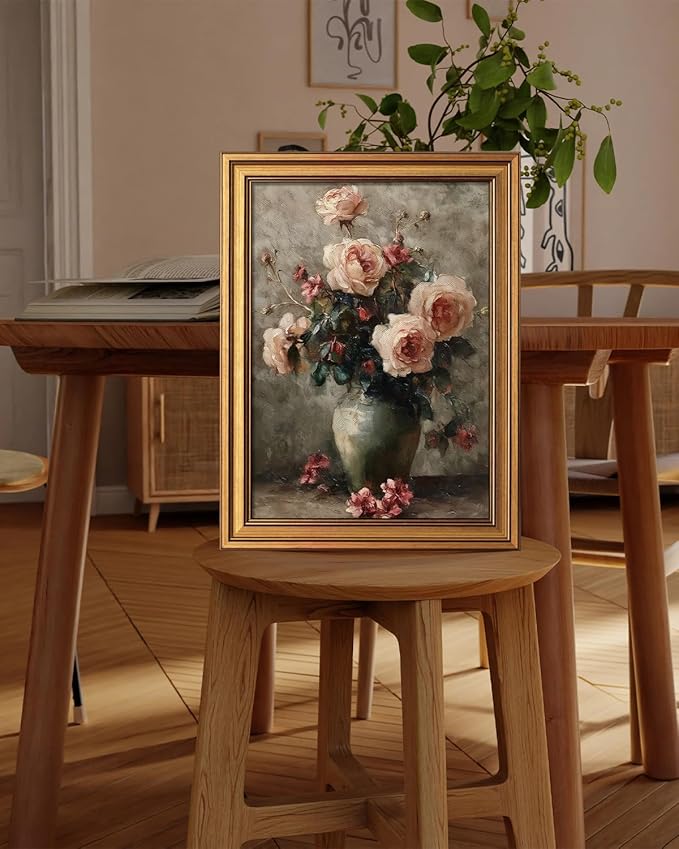 Bzstyleart Vintage Wall Art Decor for Living Room, Gold Framed Canvas Wall Art for Office, Flower Painting Framed Artwork, Canvas Print Painting for Bedroom Bathroom, Magnolia Flower 12L x 16W