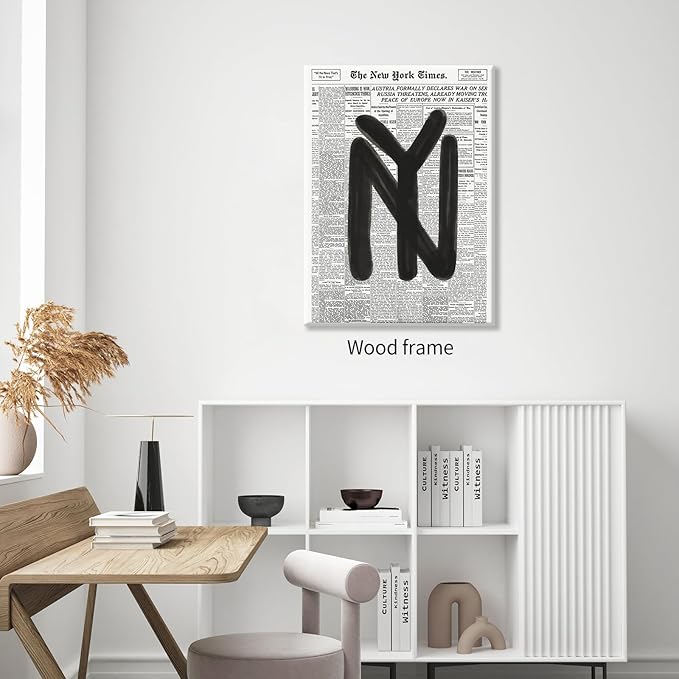 Black and White Newspaper Wall Art Vintage New York City Poster Trendy Minimalist Aesthetic Canvas Prints 24X36 inch Framed for Apartment Bedroom Wall Decor
