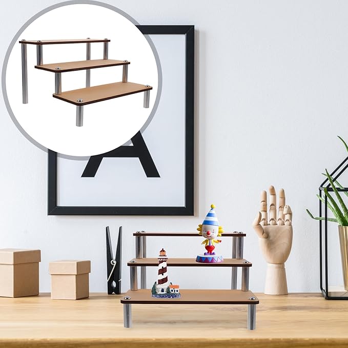 Garneck Wooden Tiered Display Stand Cosmetic Organizer Shelf for Makeup Holder and Collectible Figures Stable Desktop Riser Shelf for Dressing Table Home and Retail Use