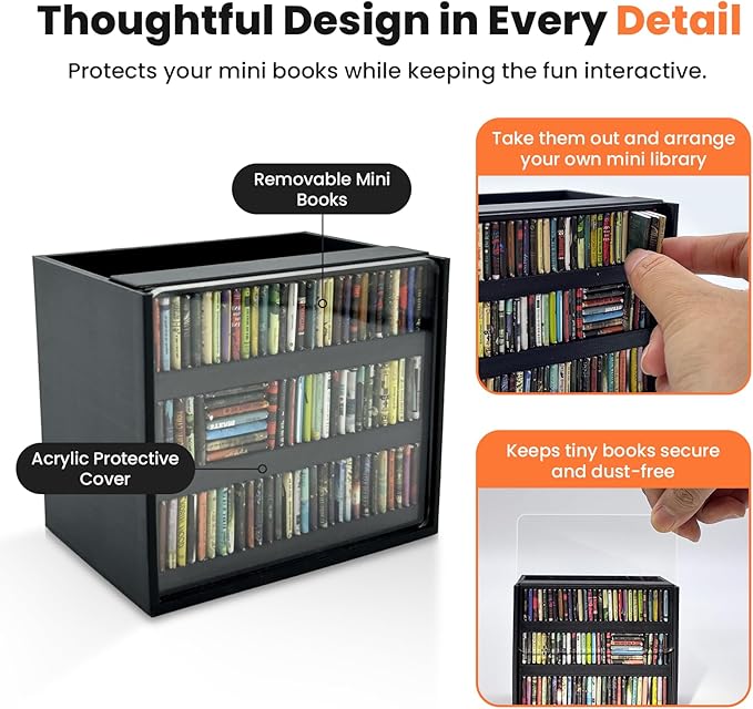 Black Anxiety Bookshelf with 100 Mini Books, Miniature Library Shake Away Your Anxiety, Aesthetic Desktop Bookmark Holder, Pencil Organizer, Bookish Decor, Stress Relief Gift for Avid Readers