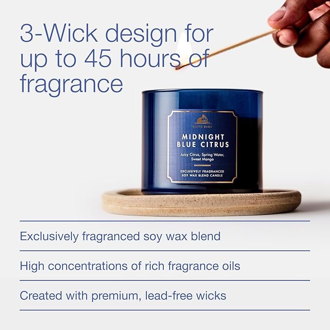 Bath & Body Works Midnight Blue Citrus 3-Wick Candle - Scented Candle for At-Home Use - Long-Lasting, Room-Filling Fragrance - High Fragrance Oil Concentration - Soy Wax Blend