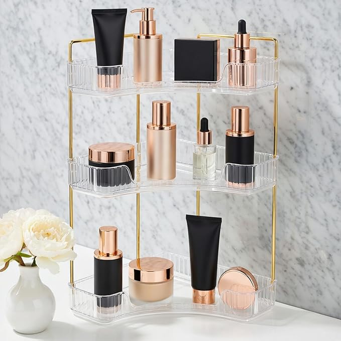 Multi-Tier Corner Countertop Organizer Rack, 3-Tier 90° Space-Saving Bathroom Counter Organizer, Tool-Free Makeup and Skincare Shelf for Vanity, Dresser, Kitchen and Toiletries (Clear-3tier)