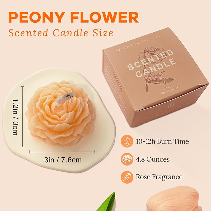 Light-Peach Peony Flower Shape Candles for Women - Aromatic Pastel Aesthetic Candle with Rose Fragrance - Christmas Gift for Friends Colleagues and Classmates (3 inch)