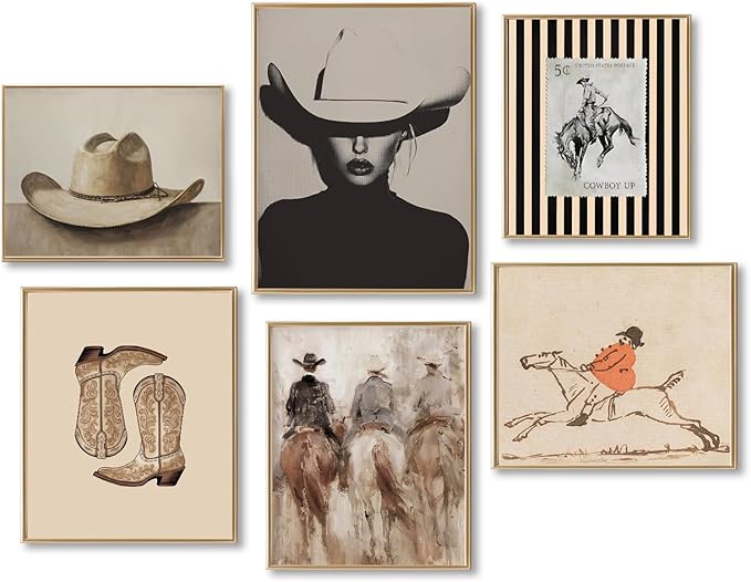 Vintage Western Cowboy Poster Set of 6, Southwestern Rustic Aesthetic Artwork Canvas Prints, Coastal Cowgirl Room Decor, Mid Century Striped Western Wall Decor Paintings, Dorm College Home Decoration