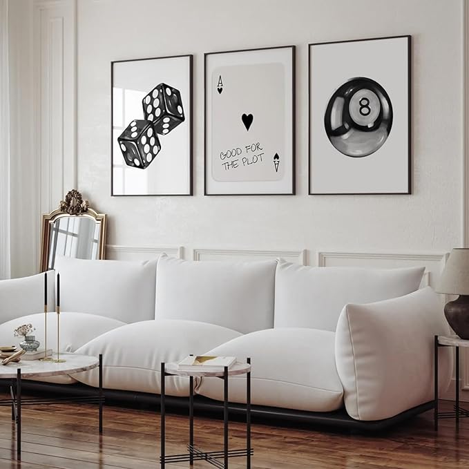 Black White Aesthetic Wall Art Decor 8 Ball Canvas Poster Y2k Cool Dice Pictures Black White Room Decor Trendy Poker Poster Prints Retro Painting Artwork for Apartment Dorm 12x16 Inch Unframed 3Pcs