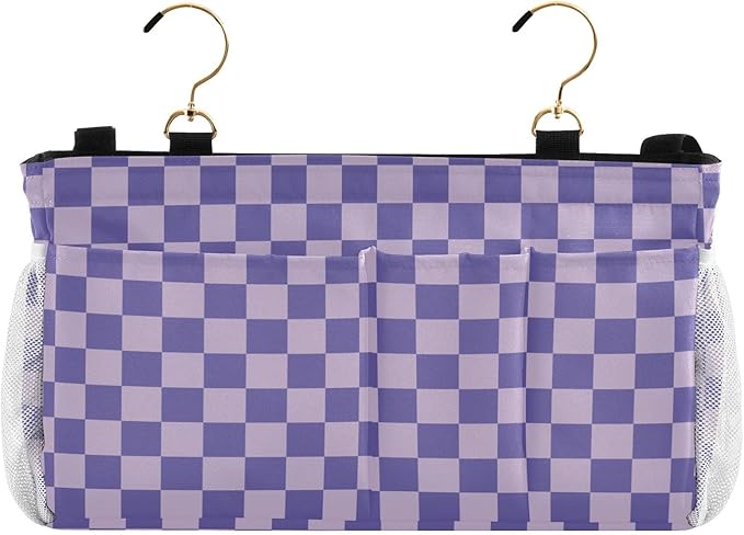 Purple Checkerboard Print Bedside Caddy Storage Bag Bedside Organizer for Bunk Bed Headboards College Organizer Caddy Hanging Shelf 6 Pockets with Hooks for Drinks Magazine Phone Holder