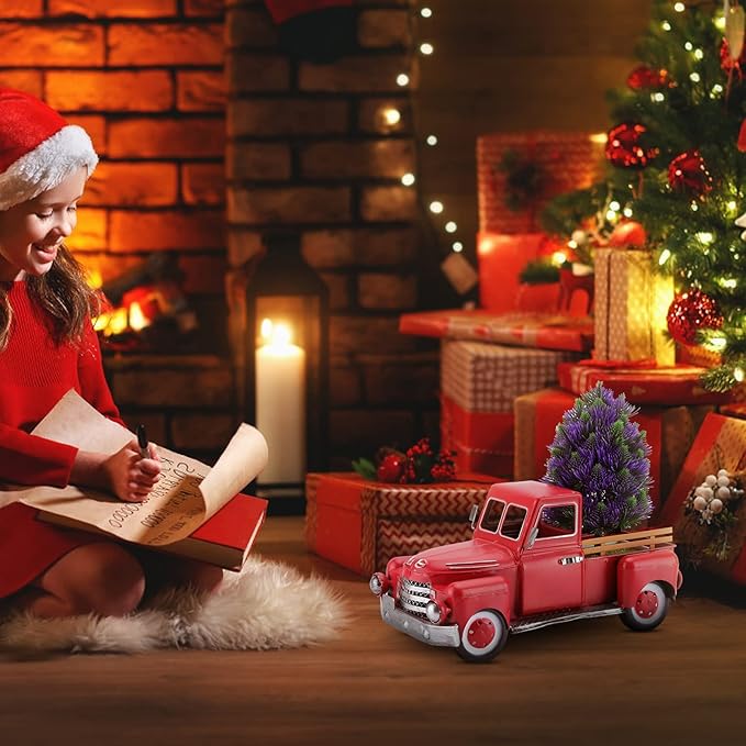 Vintage Red Truck Decor, Farmhouse Metal Outdoor/Indoor Pickup Planter, Christmas Red Trucks Decorations, Decorative Tabletop Storage,Gift Basket for Holiday