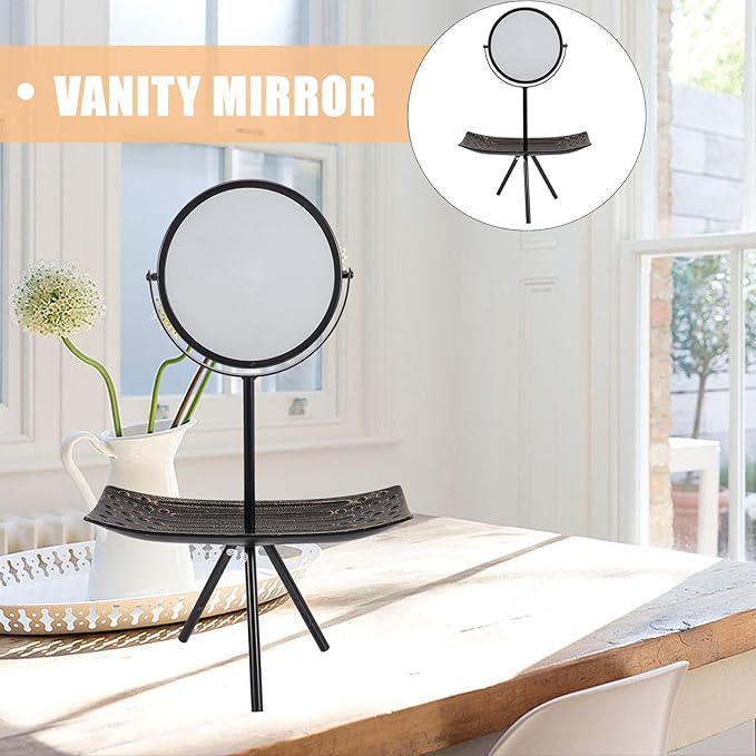 Rotating Desktop Makeup Mirror with Jewelry Tray, Black Rectangular Vanity Mirror for Bedroom, Portable Vintage Style Cosmetic Organizer Tray and Women