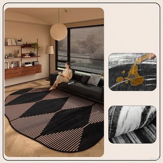 Minimalist Retro Aesthetics Geometric Striped Art Deco Irregular Shaped Area Rug for Living Room Bedroom Guestroom Low Pile Carpet 9x12 Boho Meetingroom Home Office Stain Resistant Floor Mat Black