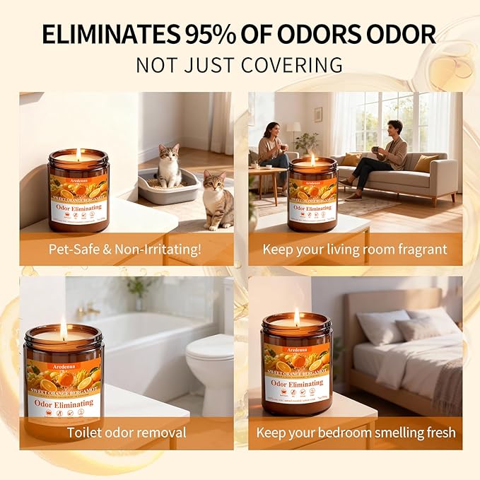 Sweet Orange Bergamot Odor Eliminating Candle | Eliminates 95% of Pet, Smoke & Bathroom Odors | 7oz Hand Poured Non-Toxic Soy Candle | Air Freshening Scented Candle for Positive & Relaxation