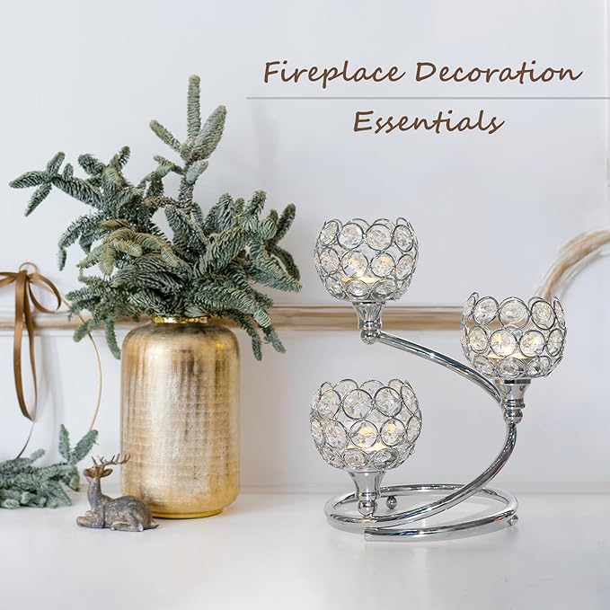Metal Crystal Candle Holder Set of 3 - Elegant 5-Arm Metal Tea Light Centerpiece with Shining Crystal Bowl, Wedding Anniversary Table Decor for Dining, Party (Silver, 6 Pcs 3 Arm)