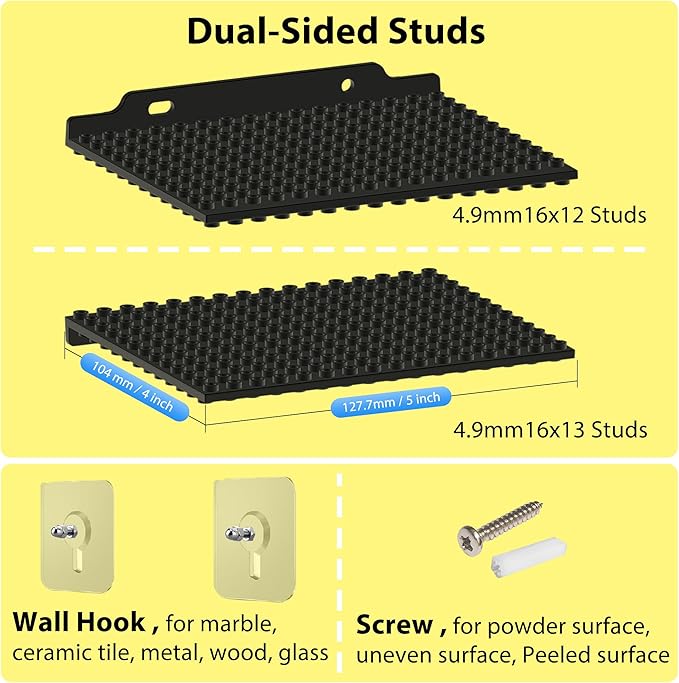 LRANFOW 6 Pack Wall Display Shelf for Lego Standard Bricks – 4x5 inch Dual-Sided Floating Shelves, 16x13 Studs 4.8-4.9mm, Supports Up to 2 lbs with Screw, Baseplate Wall Mount for Builders Room Decor