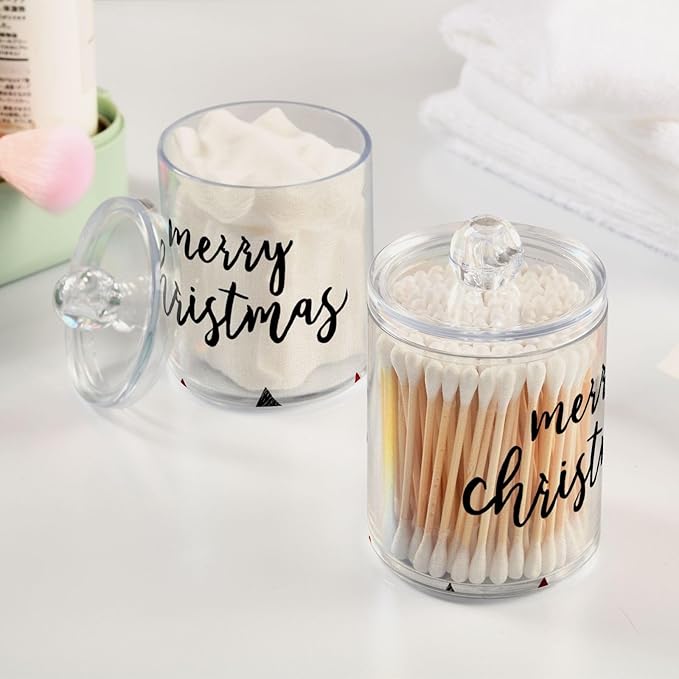 2 Pack Apothecary Jars Merry Christmas Black Checkered Bathroom Vanity Storage Organizer Set,Small Clear Plastic Storage Jars Bathroom Canister for Cotton Swabs, Rounds, Balls, Qtips,Makeup Spo