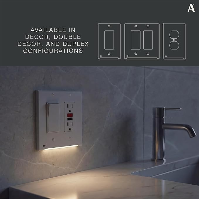 AMERELLE Universal LumiCover Outlet Cover Wallplate with Built-In Night Light, 2 Gang Double Décor, White - Easy DIY Installation, Convenient Low-Profile Design, for GFCI Outlets (Pack of 4)