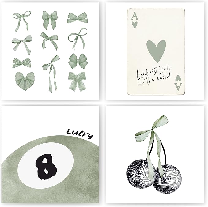 okaxscm Sage Green Coquette Trendy Preppy Wall Art Prints Set of 4, Coquette Preppy Room Decor Aesthetic, Green Bow Disco 8 Ball Cherry Wall Decor Posters for Girls Bedroom Dorm,10x10 Unframed