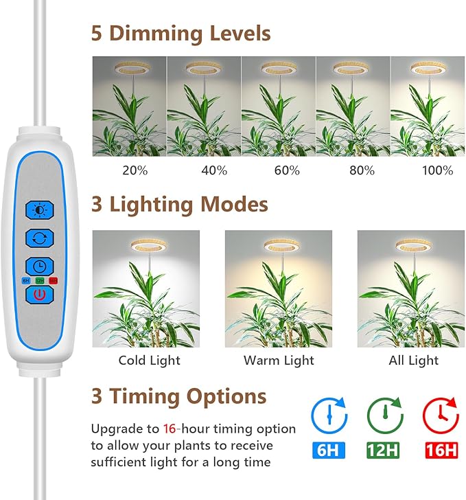 Aokrean Grow Lights for Indoor Plants, Full Spectrum Plant Lights for Indoor Growing with 6/12/16H Timer, 3 Optional Spectrums, 5 Brightness, Height Adjustable 10"-65" Wood Grain Growing Lamp