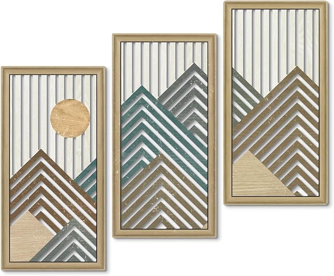 Putuo Decor Mountain Line Wall Art Set of 3, Modern Abstract Nature-Inspired Cut-Out Panels, MDF Wall Decor with Chevron Stripes and Sun Design for Living Room Bedroom Office