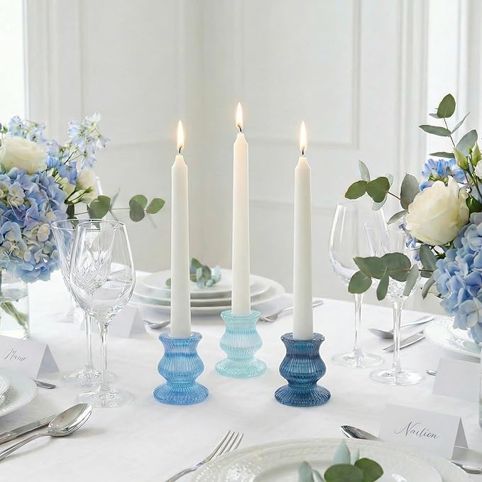Blue Candlestick Holders 12 Pcs, Ribbed Taper Candle Holders for Table Centerpieces, Vintage Glass Candle Holders Bulk for Wedding, Birthday, Baby Shower Decoration